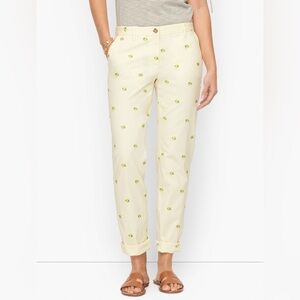 Talbots Relaxed Chinos Lemon Embroidered Pale Pastel Yellow Flat Front 4 Petite